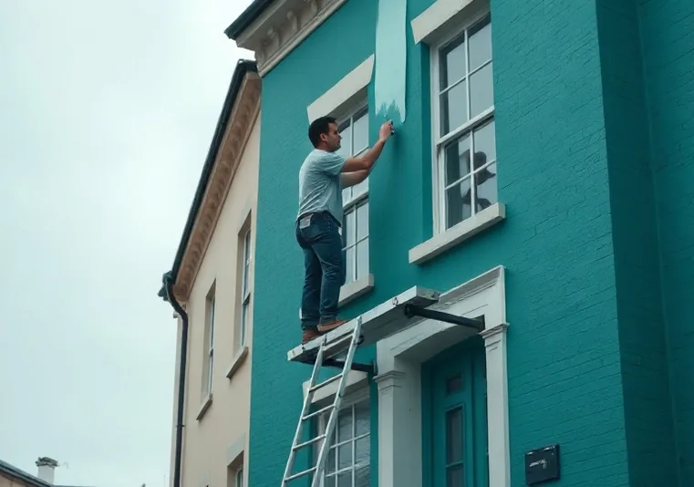 Peintre sur échafaudage traitant la façade d'une maison