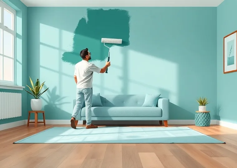 Peintre appliquant la peinture au rouleau sur un mur de salon